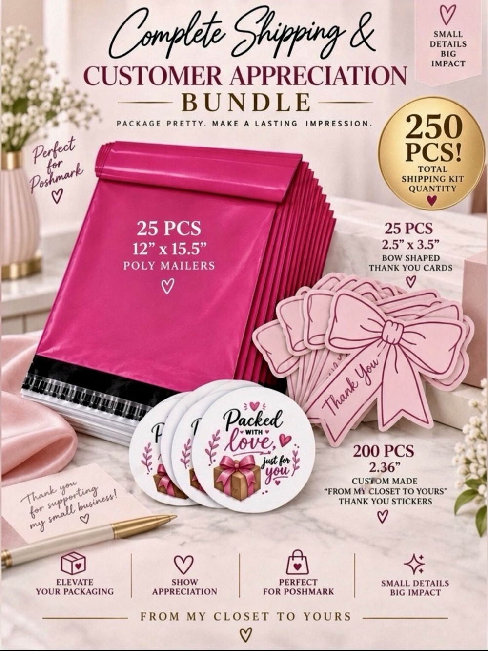 250PC Bundle ~25 L Poly Mailers, 25 Cards & 200 L Stickers